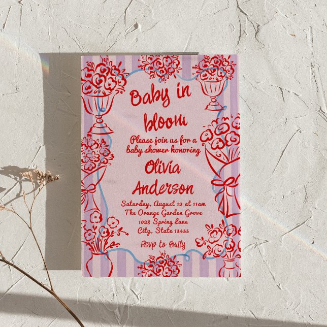 Baby in Bloom Pink Hand Drawn Flowers Baby Shower  Invitation (Creator Uploaded)