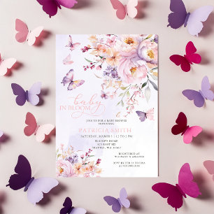 Baby in Bloom Pink Purple Butterflies Baby Shower Invitation