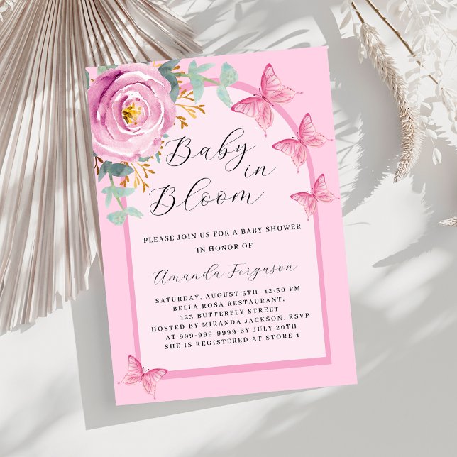 Baby in Bloom pink rose butterfly arch Baby Shower Invitation (Creator Uploaded)