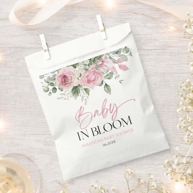 Baby In Bloom Pink Rose Floral Baby Shower Favour Bags (Clipped)