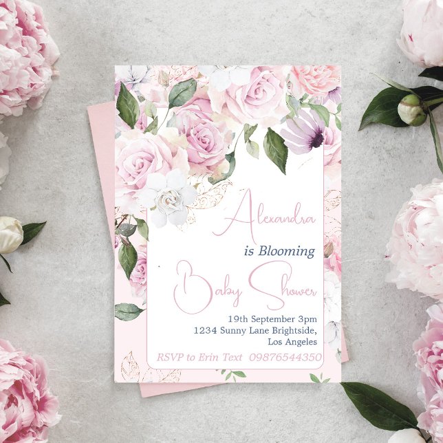 Baby In Bloom Pink Roses Floral Baby Shower  Invitation (Creator Uploaded)