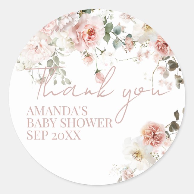 Baby in Bloom Pink Roses Floral Girl Baby Shower  Classic Round Sticker (Front)