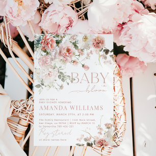 Baby in Bloom Pink Roses Floral Girl Baby Shower Invitation