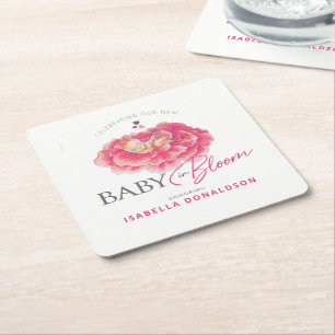 Baby in Bloom pink watercolor whimsy baby shower Square Paper Coaster
