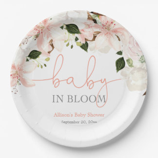 Baby in Bloom pink white floral lilies Paper Plate