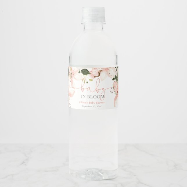 Baby in Bloom pink white floral lilies Water Bottle Label (Front)