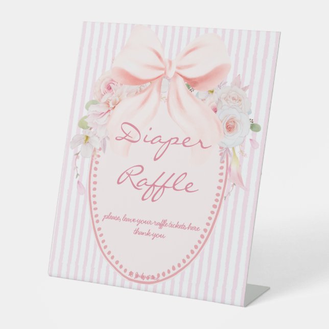 Baby in bloom preppy bow baby shower diaper raffle pedestal sign (Front)