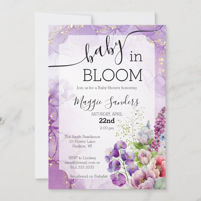 Baby in Bloom Purple Floral Baby Shower Invitation (Front)