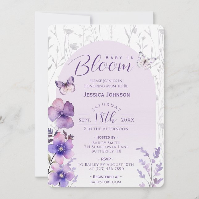 Baby in Bloom Purple Floral Butterfly Baby Shower Invitation (Front)