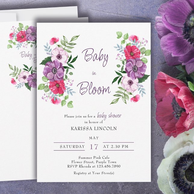 Baby in Bloom Purple Pink Flowers Baby Shower Invitation (Creator Uploaded)