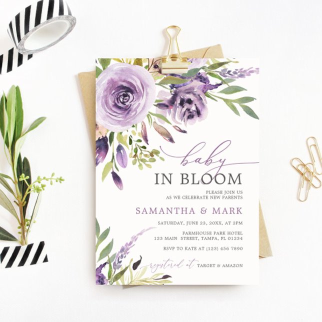 Baby in Bloom Purple Rose Floral Baby Shower Invitation (Creator Uploaded)