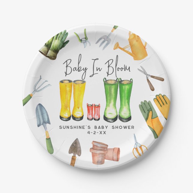 Baby In Bloom Red Rain Boots Gardening Baby Shower Paper Plate (Front)