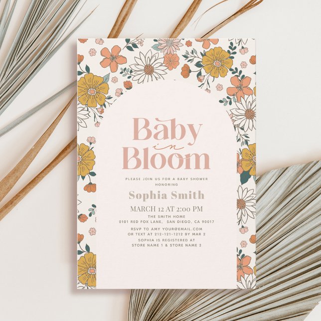 Baby in Bloom Retro Floral Arch Pink Baby Shower Invitation (Creator Uploaded)