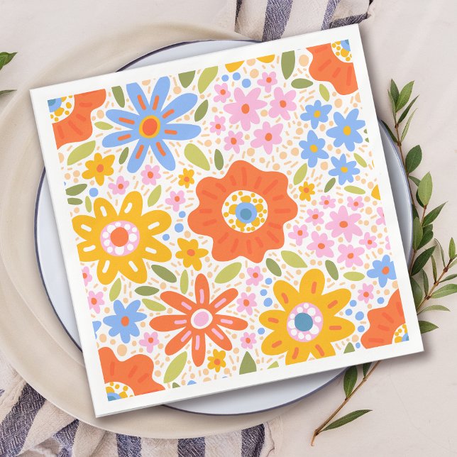 Baby in Bloom Retro Groovy Wildflowers Baby Shower Napkin (Creator Uploaded)