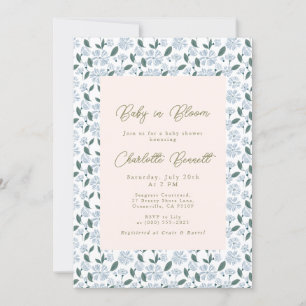 Baby In Bloom Sage & Dusty Blue Floral Baby Shower Invitation