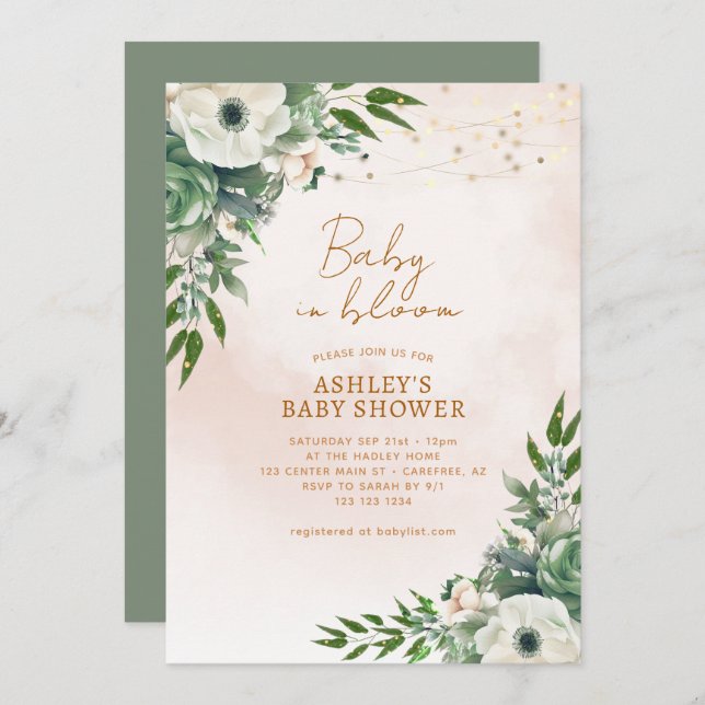 Baby in Bloom Sage Green Baby Shower Invitation (Front/Back)
