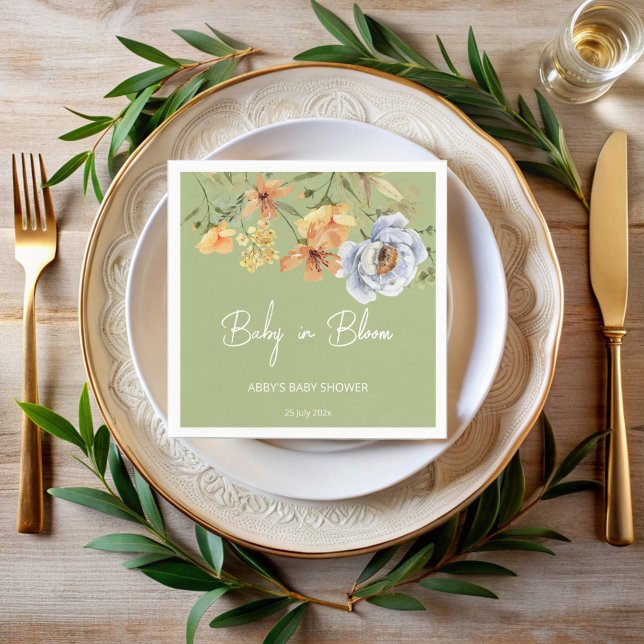 Baby in bloom sage green flowers baby shower napkin (Baby in bloom sage green flowers baby shower printed napkins personalized table decor)