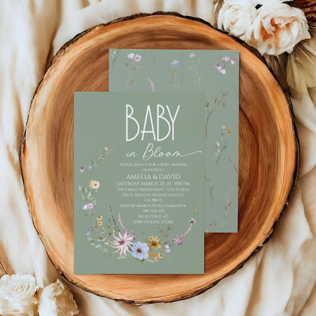 Baby in Bloom Sage Green Wildflower Baby Shower Invitation (Creator Uploaded)