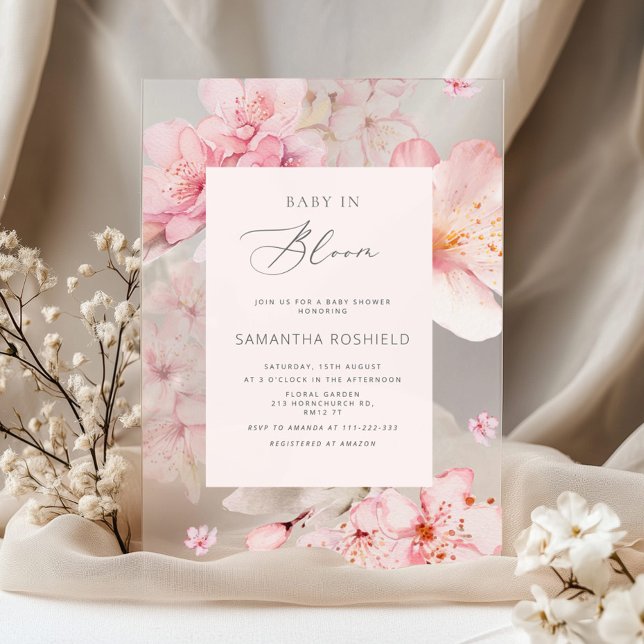Baby in Bloom Sakura blush pink girl baby shower Acrylic Invitations (Creator Uploaded)