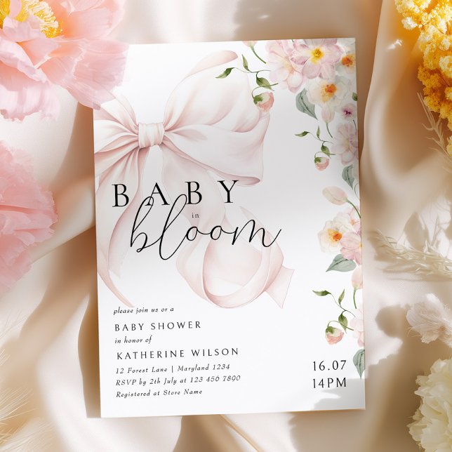 Baby In Bloom Soft Pink Bow Baby Shower Invitation (Creator Uploaded)
