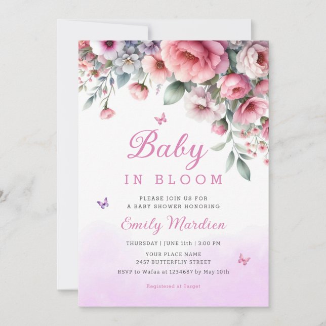 Baby In Bloom Spring pink Floral Girl Baby shower  Invitation (Front)