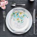 Baby in bloom spring summer baby shower tableware paper plate<br><div class="desc">Baby in bloom spring summer flowers baby shower personalised tableware template plates,  pastel blue and white buttercup daisies flowers for spring summer garden themed baby shower personalised party plates</div>