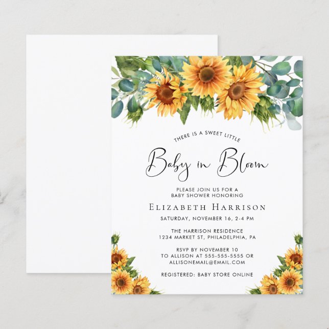 Baby in Bloom Sunflower Eucalyptus Shower Invite (Front/Back)