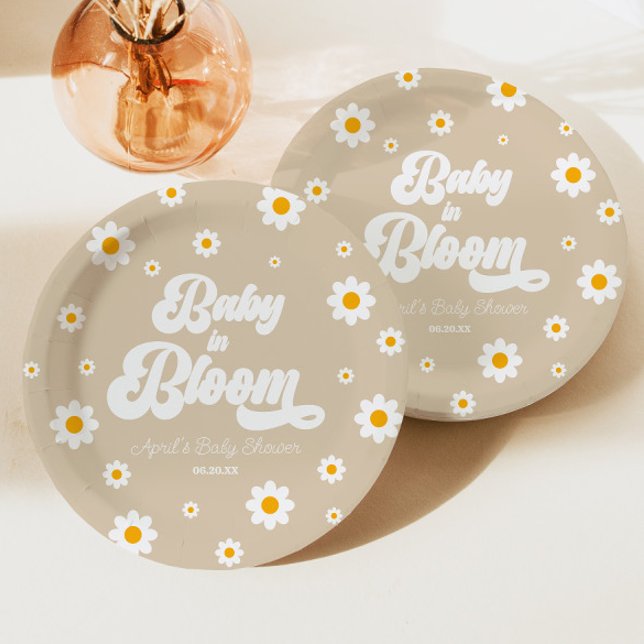 Baby In Bloom Tan Daisy Flower Floral Baby Shower Paper Plate (Creator Uploaded)