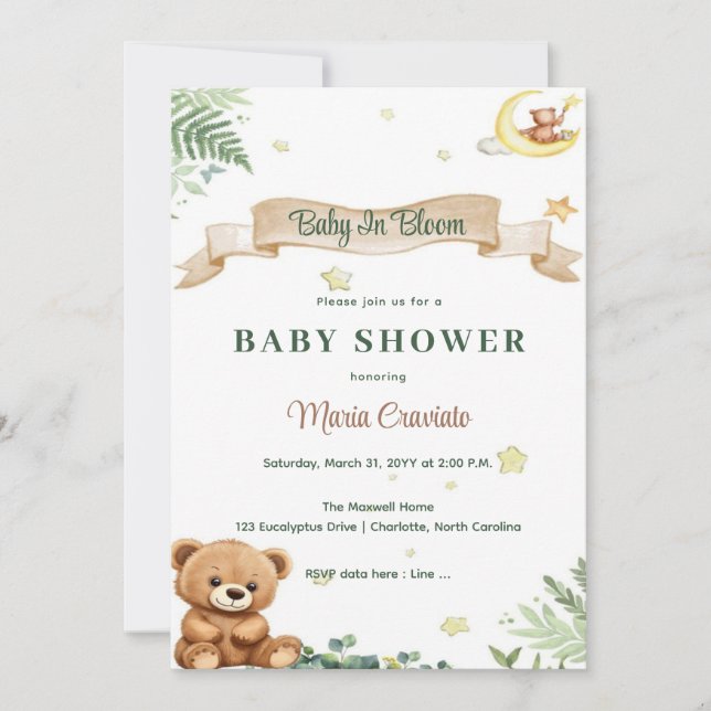 "Baby In Bloom" Teddy Bear Baby Shower Invitation