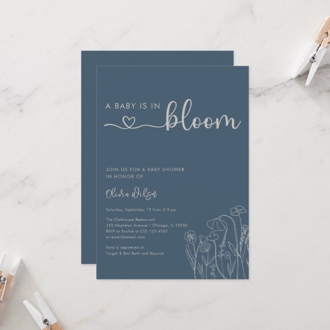 Baby in Bloom, Topaz Blue Wildflower Baby Shower Invitation (Front/Back In Situ)