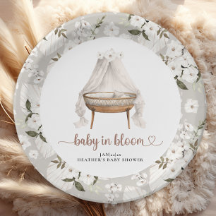Baby In Bloom Trendy Boho Baby Shower Heart Script Paper Plate