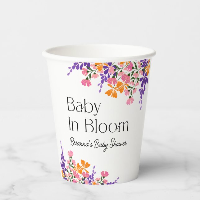 Baby in Bloom Vibrant Spring Flowers Baby Shower Paper Cups (Front)