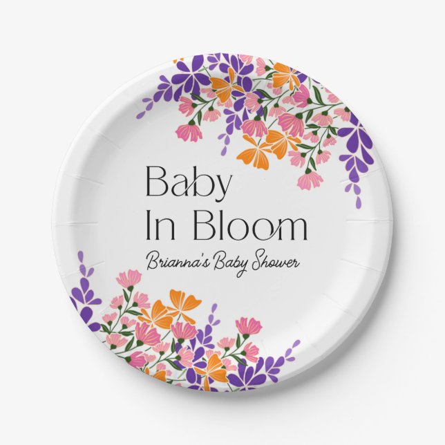 Baby in Bloom Vibrant Spring Flowers Baby Shower Paper Plate (Front)