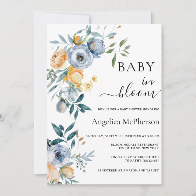 BABY IN BLOOM WATERCOLOR APRICOT BLUE WILDFLOWERS INVITATION (Front)