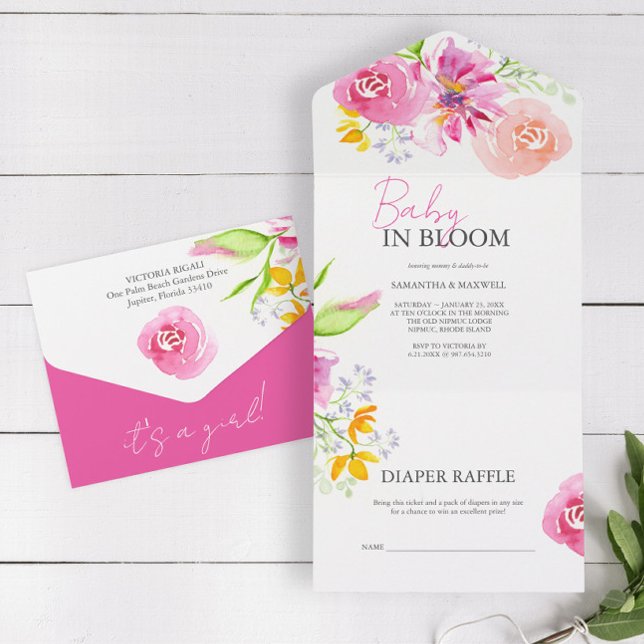 Baby in Bloom Watercolor Baby Shower Invitations (Baby in bloom baby shower invites watercolor pink floral art by Victoria Grigaliunas )
