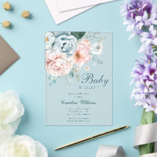 Baby in Bloom Watercolor Dusty Blue Baby Shower Acrylic Invitations