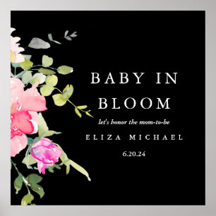 Baby in Bloom Watercolor Floral Baby Shower Black Poster