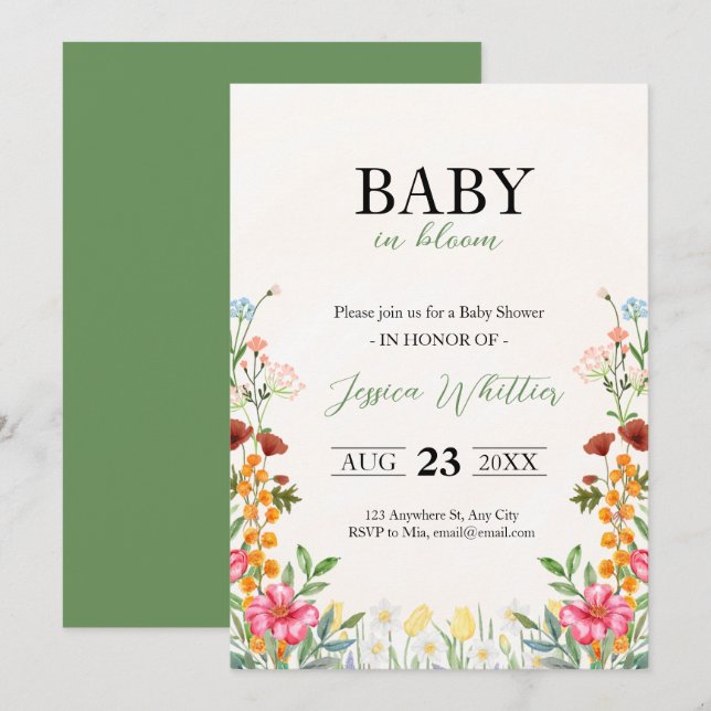Baby in Bloom Watercolor Floral Baby Shower Invitation (Front/Back)