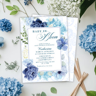 Baby in bloom watercolor floral blue baby shower invitation