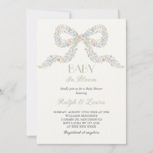 Baby In Bloom Watercolor Floral Bow Baby Shower Invitation