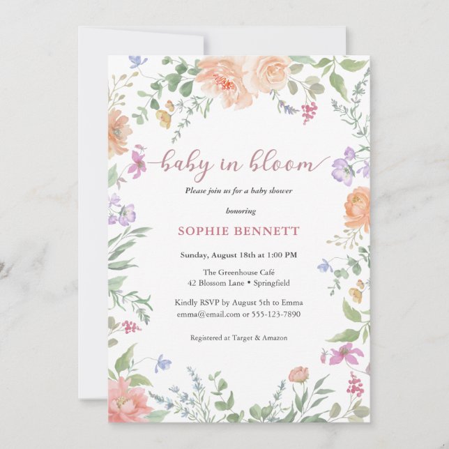 Baby in Bloom Watercolor  floral  Invitation (Front)