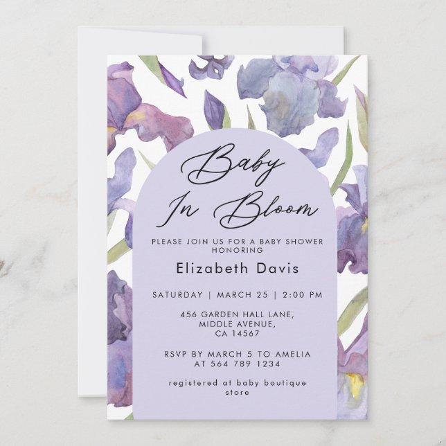 Baby in Bloom Watercolor Iris Spring Baby Shower Invitation (Front)