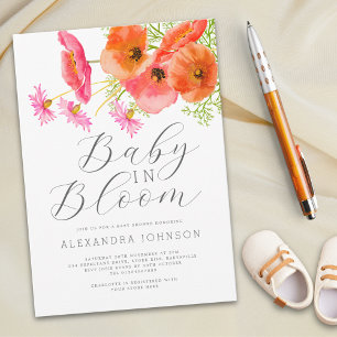 Baby In Bloom Watercolor Orange Pink Floral Invitation