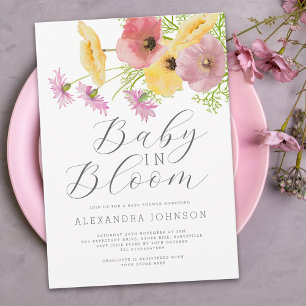 Baby In Bloom Watercolor Pink Yellow Floral Invitation