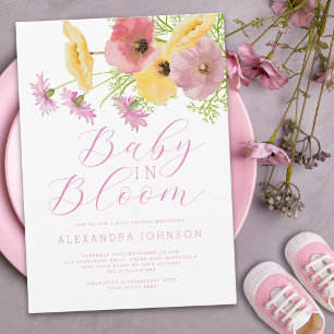 Baby In Bloom Watercolor Pink Yellow Floral Invitation