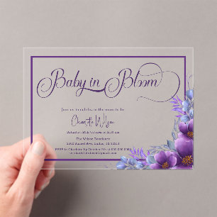 Baby In Bloom Watercolor Purple Flower Baby Shower Acrylic Invitations