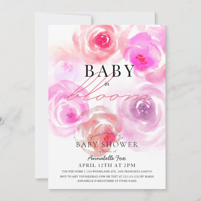 Baby in Bloom Watercolor Rose Baby Shower Invitation (Front)