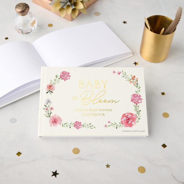 Baby in bloom Watercolor wildflowers pink gold Guest Book (Front Open)