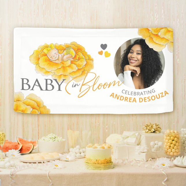 Baby in bloom watercolor yellow photo baby shower banner (Creator Uploaded)