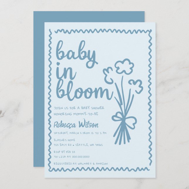 Baby in Bloom Whimsical Hand Drawn Boy Baby Shower Invitation (Front/Back)